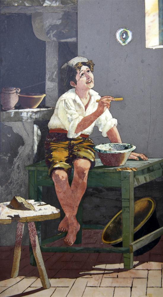 A 19th century Italian pietra dura picture of a young boy blowing bubbles, overall 17 x 12in.